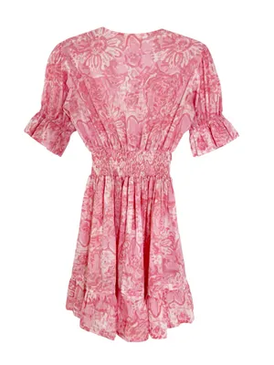 Lilbelle Pink Floral Smocked Waist Mini Dress Ruffle Sleeve Small thumbnail 4