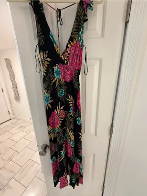 Billabong Black Floral Wrap Dress with Pink & Teal Blooms thumbnail 2