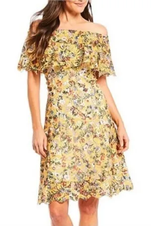 ALEX MARIE Off The Shoulder Yellow Lace Midi Dress Size 6 Wedding Guest Cottage‎ thumbnail 1
