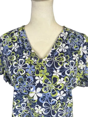 MC2 lime green and blue floral short sleeve v-neck scrub top front pockets L thumbnail 5