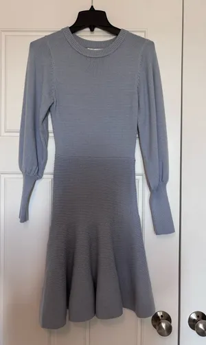 NWT Women Dress Sweater Round Neck Lantern Sleeve Knitted Sweater Mini Dress thumbnail 1