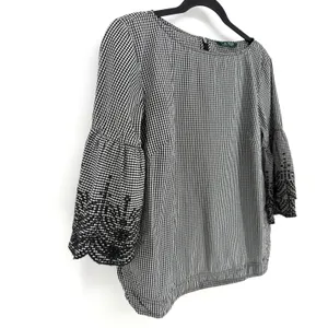 Lauren Ralph Lauren Blouse Gingham Black White Embroidered Bell Sleeve Top M/L thumbnail 4
