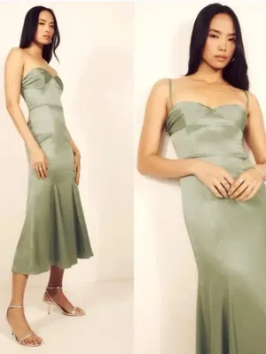 Reformation Hensley Satin Dress 4 Artichoke Green Midi NWT thumbnail 3