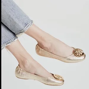 Tory Burch Reva Gold Metallic Ballet Flats Grained Leather Logo Size 7 Y2K thumbnail 2