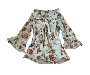 Y2K Light Blue Floral Ruffle Top Bell Sleeves Ethereal Feminine Romantic Boho thumbnail 1