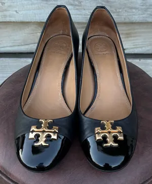 Tory Burch Black Flats with Gold Emblem thumbnail 1