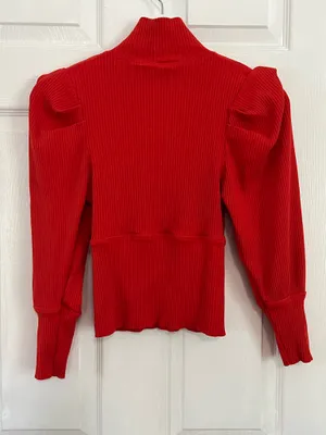 Free People Red Ribbed Mock Neck Puff Sleeve Knit Top Romantic Coquette Boho M thumbnail 3