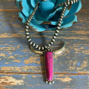 New Pink and Silver Longhorn Pendant on 18” Beaded Navajo Style Chain thumbnail 4