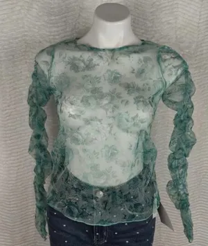 ZARA Floral Sheer Top Long Sleeve Ruched Retro thumbnail 1