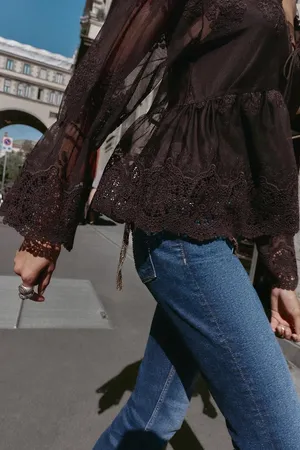 ZARA Sheer Brown Lace-Trim Peasant Bohemian Flared Sleeve Blouse Top thumbnail 6