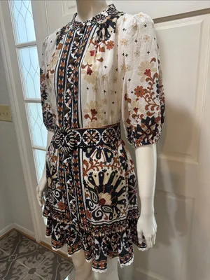 Farm Rio Flower Fan Tapestry Off-White Mini Dress Size Large. thumbnail 7