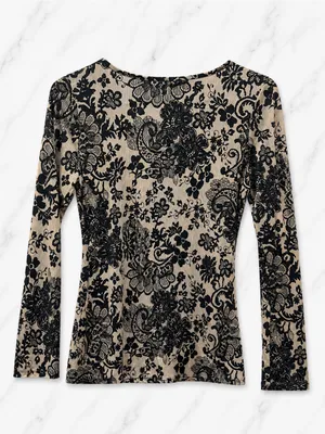 ⁠VENUS Ruched Front Lace Trim V-Neck Long Sleeve Top Black Nude Beige | Small thumbnail 3