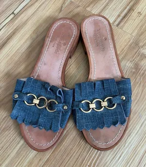 Kate Spade Kiltie denim slide sandals, featuring textured blue fringe straps thumbnail 1
