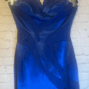 Showtime Collection Blue Satin Beaded Gown, 6 thumbnail 3