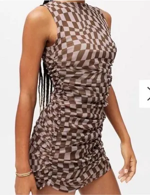 Urban Outfitters Austin Mesh Mini Dress Checkered Patterned Brown‎ Size XS thumbnail 1
