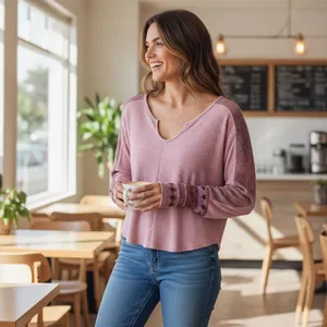 Daily Practice Anthropologie Shirt Womens XS Pink Waffle Knit Thermal Split Neck thumbnail 12