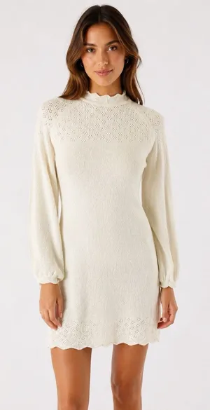 Rumored Ivory Knit Long Sleeve Dress Medium Cottagecore Romantic Pullover Mini thumbnail 1
