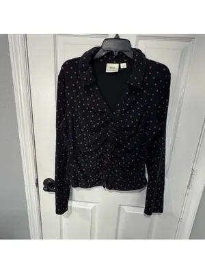 Maeve Anthropologie Ruched Button Front Top XL Black Tan Polka Dot Stretch thumbnail 3