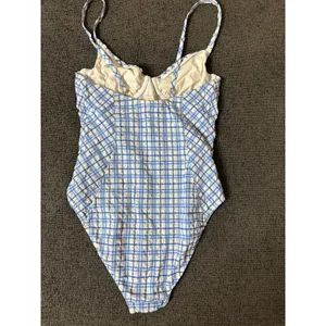 Tory Burch Check Plaid Gingham Swimsuit size M Underwire Blue White Seersucker thumbnail 2