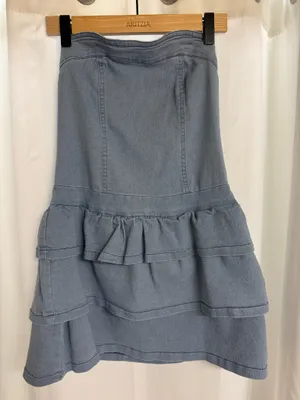 Strapless Ruffle Denim Mini Dress Blue Size XS thumbnail 4