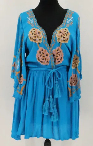 Free People Cora Embroidered Mini Dress Womens Size S Blue Boho Tassel Beachy thumbnail 1