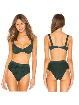 NEW Tavik Pernille High Waisted Bikini Bottom L Pine Green Metallic Stripe Swim thumbnail 5