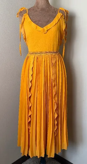 Lulus Never a Dull Moment Pleated Midi Dress Womens Small Marigold Yellow Ruffle thumbnail 1