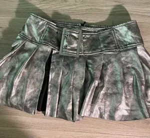 Metallic Green Pleated Mini Skirt with Belt thumbnail 1