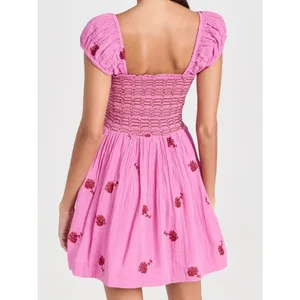 NWT Free People Tory Embroidered Mini Dress Pink Smocked Floral Boho Size Large thumbnail 4