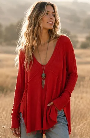 Free People Sunset Park Thermal Oversized Waffle Knit Red Coral Long Sleeve Boho thumbnail 1