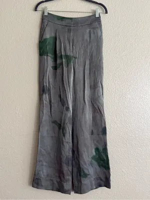 Veronica Beard 0 Robinne Wide Leg Pleated Trousers Gray Green Watercolor Artwear thumbnail 5