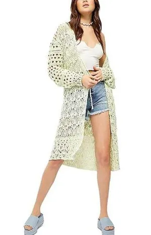 Free People Green Open Knit Long Beach Boho Resortwear Vacation Cardigan Large thumbnail 1