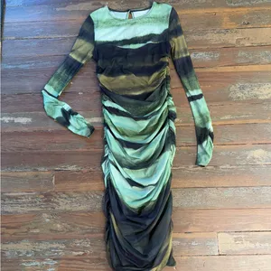 Anthropologie Ruched Sheer Mesh Bodycon Midi Dress Green Black XS🧡🍄 thumbnail 6