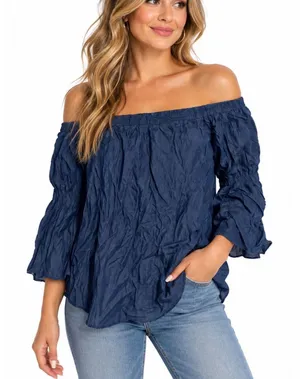 Denim by Ellison Off Shoulder Top Womens S Blue Crinkle Chambray Boho RT1436-5 thumbnail 1