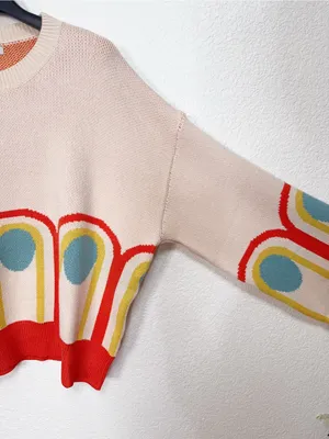 Miss Sparkling Retro Rainbow Arch Graphic Colorblock Cropped Knit Sweater thumbnail 4