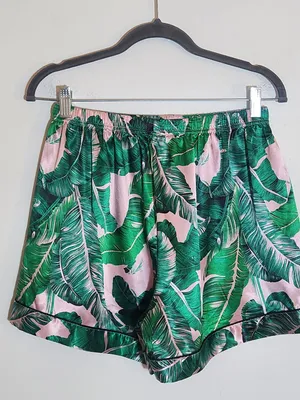 Green and Pink Tropical Palm Print Satin Pajama Set Size Large thumbnail 5