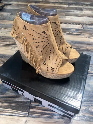 Not Rated Tan Suede Fringe Delight Laser-Cut Cork Wedge Sandals thumbnail 1