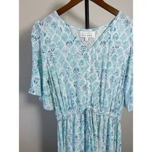 Margaux Riviera Blue White Print Viscose Maxi Dress Flutter Sleeve Size L thumbnail 5