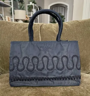 Rare Vintage Prada Nylon Embroidered Tote, Navy thumbnail 1