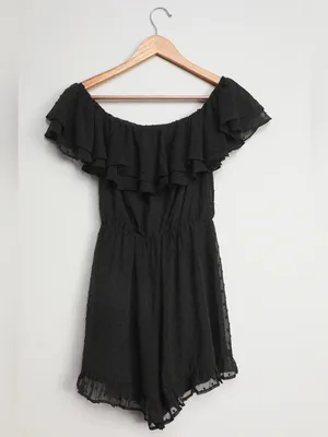 Lulus Frilled to Bits Black Swiss Dot Off-the-Shoulder Romper Size Small NWT thumbnail 7