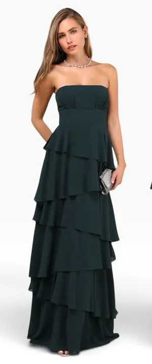 Lulus Gorgeous Essence Emerald Strapless Tiered Maxi Dress size M NWT thumbnail 1