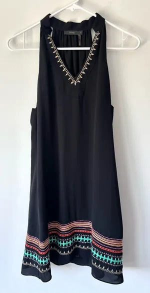THML Black Mini Shift Sleepless Dress Embroidered Stripes Boho Print thumbnail 1