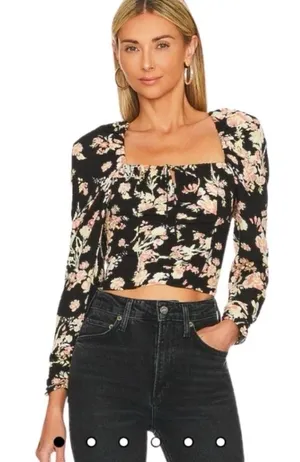 Free People Black Boho Floral Print Long Sleeve W/ Smock Detail Viscose Top NWT thumbnail 1