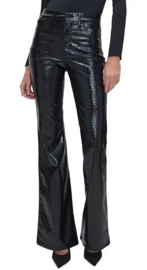 GOOD AMERICAN Good Legs Croc Embossed Faux Leather Flare Pants in Black US 26 thumbnail 1