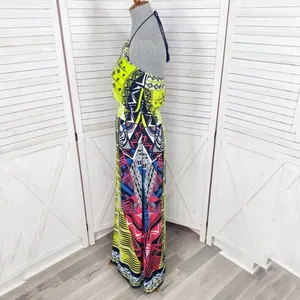 Alya Tribal Print Beaded Maxi‎ Halter Dress Neon Yellow Multicolor Small thumbnail 3