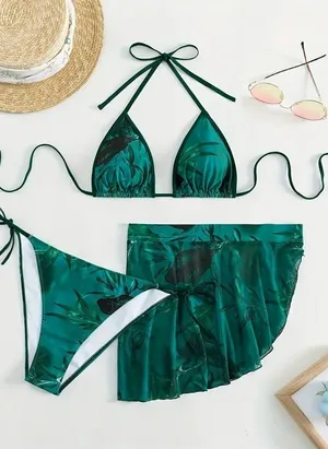 Unbranded Green Tropical Floral 3 Piece Triangle String Bikini Swimsuit Set XL thumbnail 1