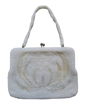 Vintage White Beaded Purse Handmade Korea Kiss Lock Handled Clutch Cocktail Luxe thumbnail 1