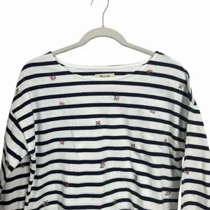 Madewell Sz S Navy Blue White Striped Cropped Top Cross Stitch Long Sleeve NWT thumbnail 2
