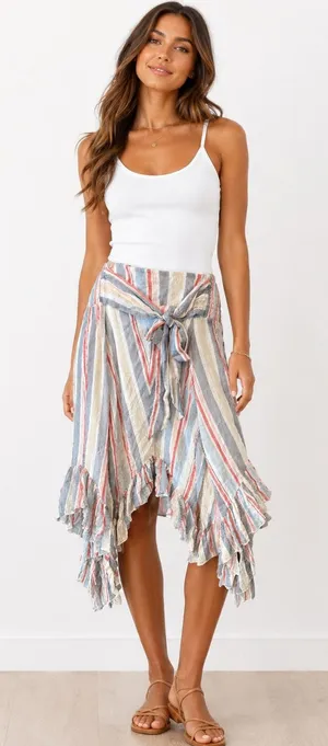 Versona Multicolor Striped Asymmetrical Ruffle Skirt  thumbnail 1