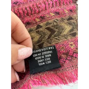 Vintage Wool Scarf‎ Women Pink Brown Fringed Boho Eclectic Tassel Earthy h thumbnail 3